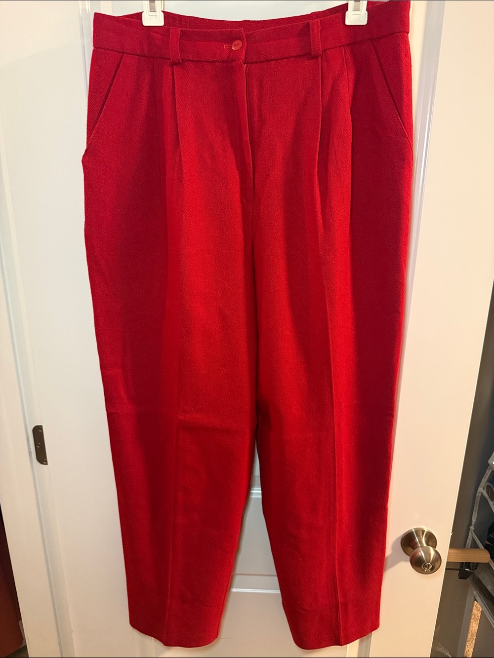 Tailored High-Waist Red Pleated Womenβs Wool Trousers